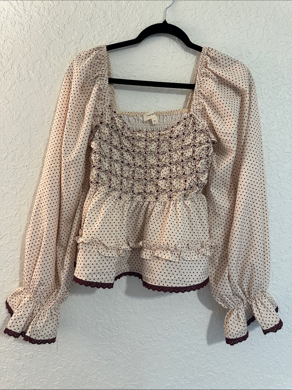 Smocked Cream Polka Dot Peasant Blouse with Maroon Trim